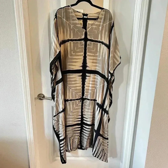 181 SUZANI Silk Caftan One Size Color Cream Black - Picture 1 of 3